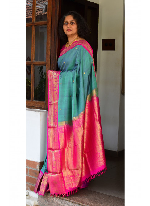 Seagreen, Handwoven Ahimsa Silk, Plain Weave , Jacquard, Festive Wear, Real Jari Saree